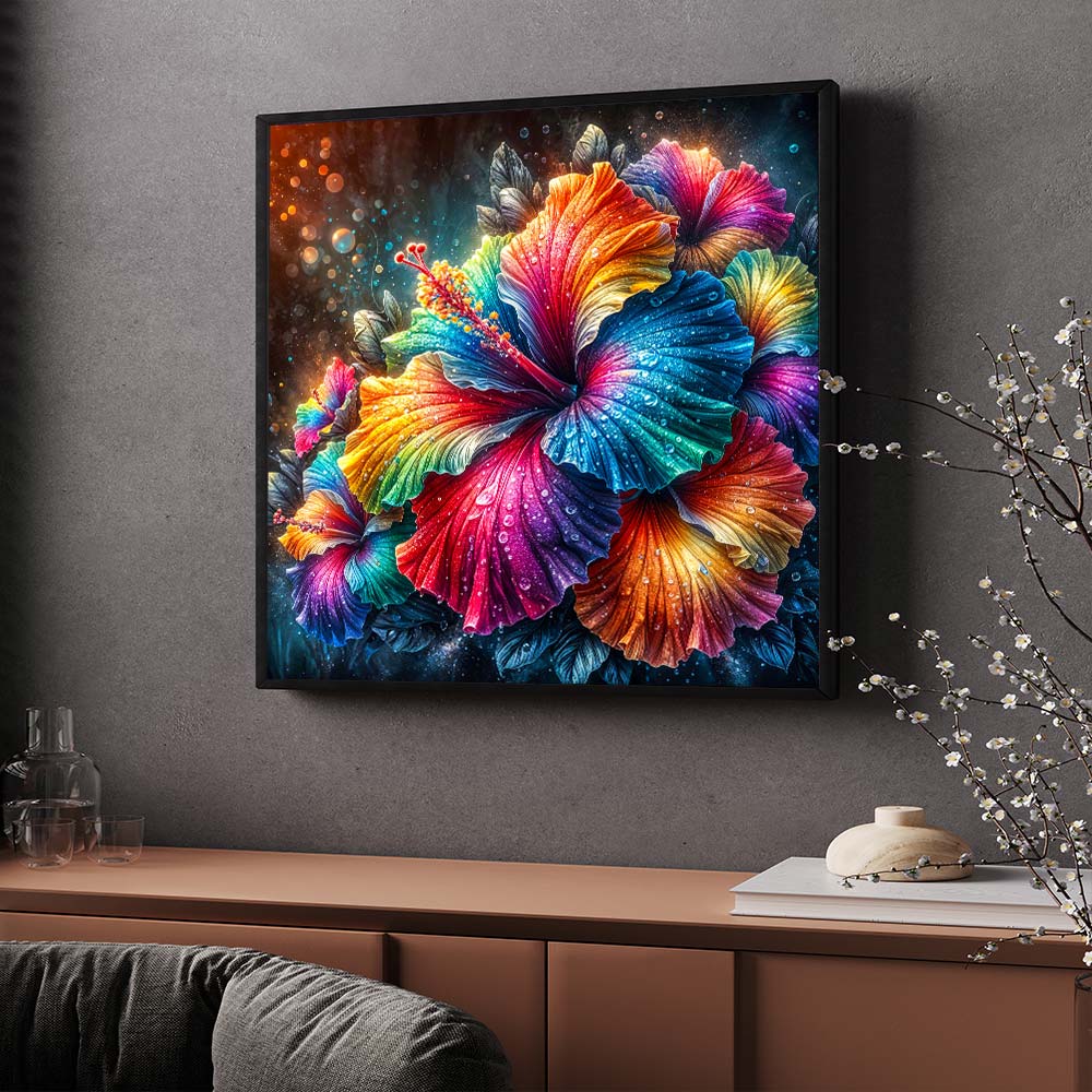 5D Diamond Painting – Regenbogen-Hibiskus der Elemente, Unique-Diamond