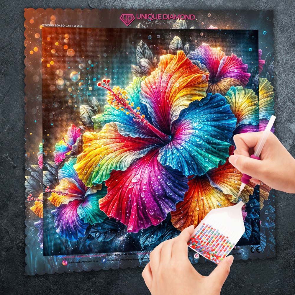 5D Diamond Painting – Regenbogen-Hibiskus der Elemente, Unique-Diamond