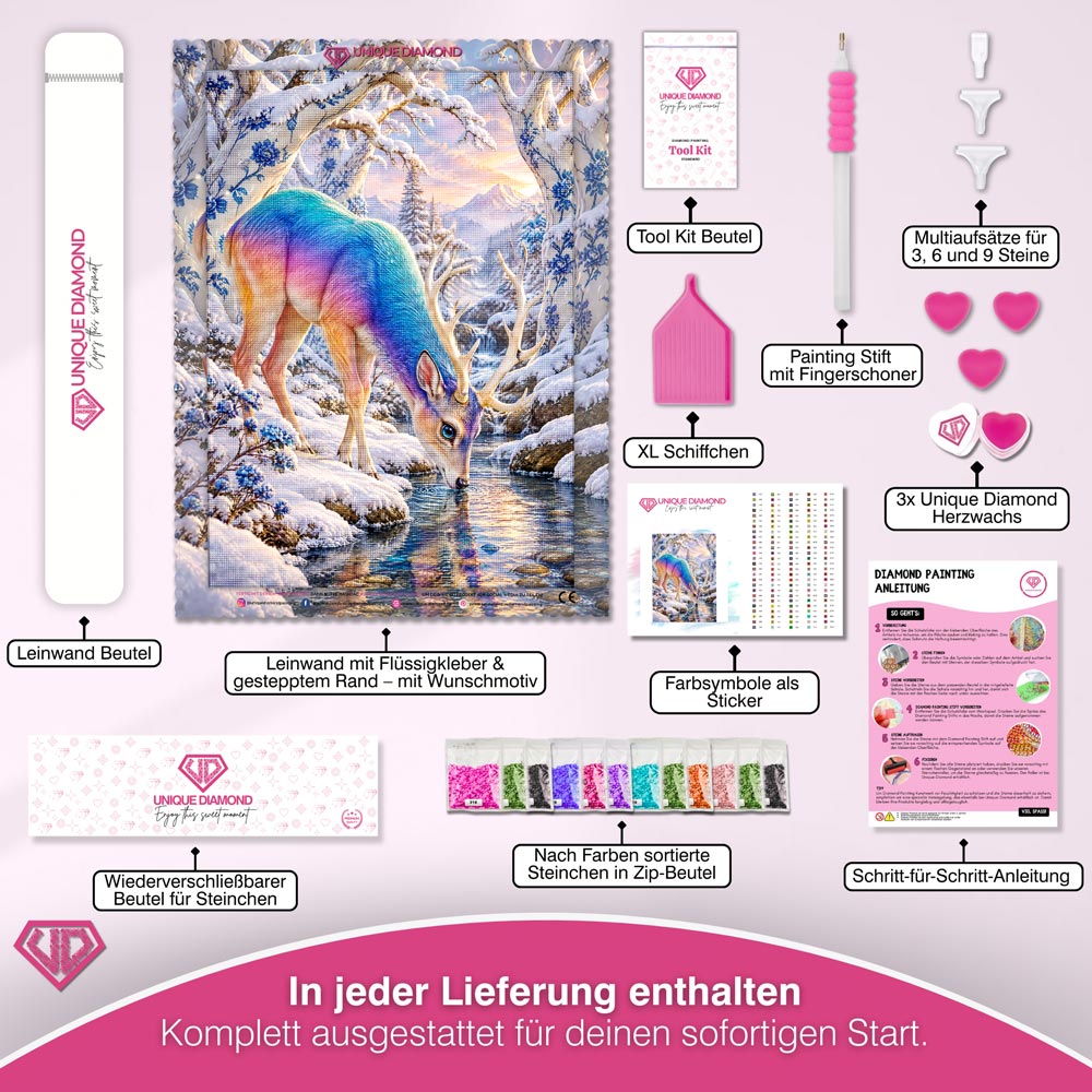 5D Diamond Painting – Regenbogenhirsch im Porzellanwald