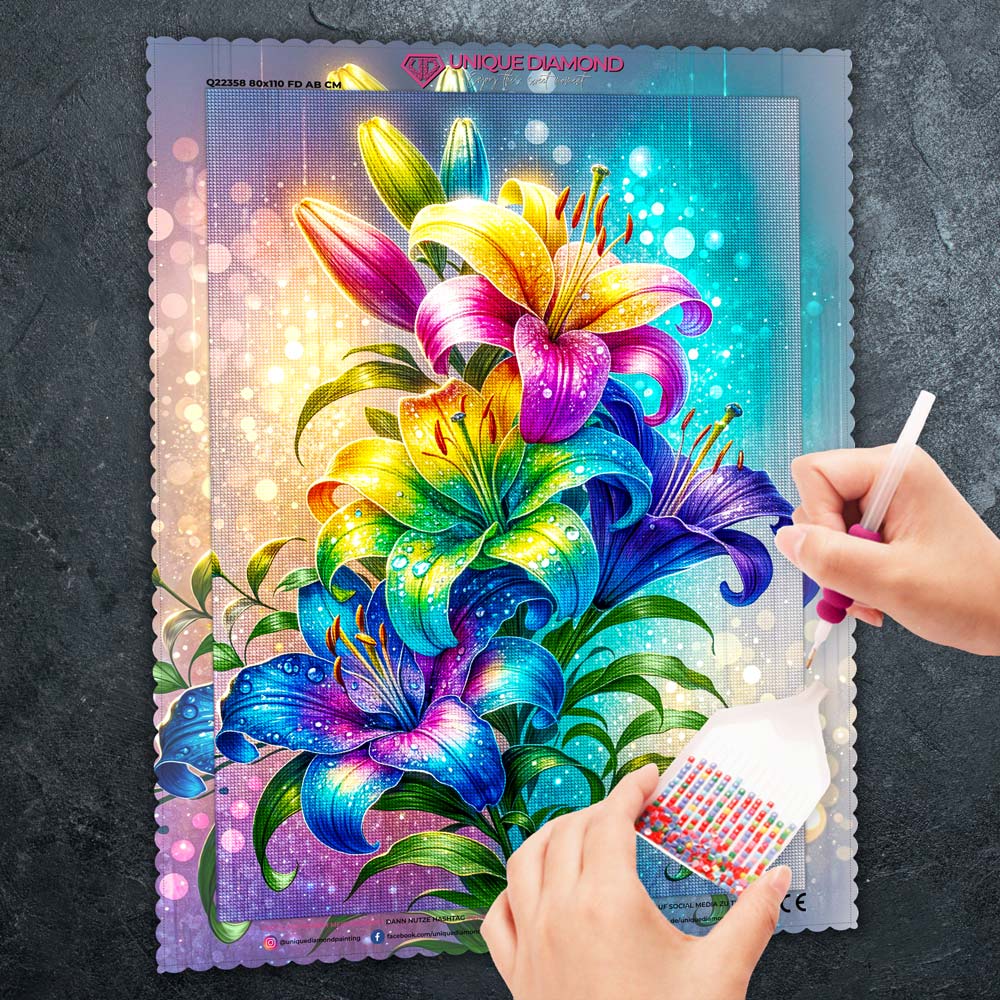 5D Diamond Painting – Regenbogenlilien im Lichtzauber, Unique-Diamond
