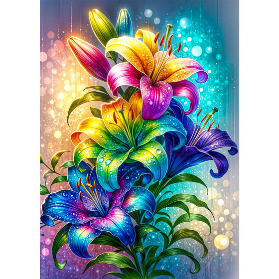 5D Diamond Painting – Regenbogenlilien im Lichtzauber, Unique-Diamond