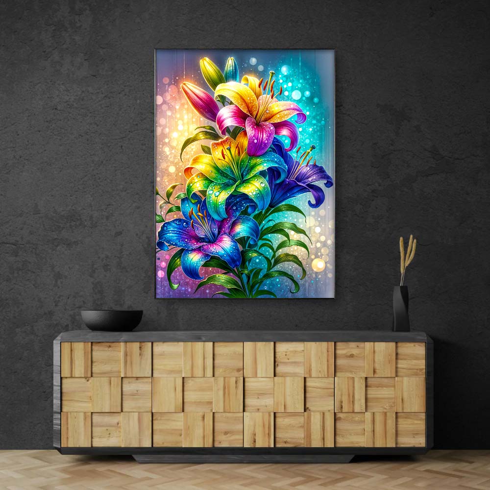 5D Diamond Painting – Regenbogenlilien im Lichtzauber, Unique-Diamond