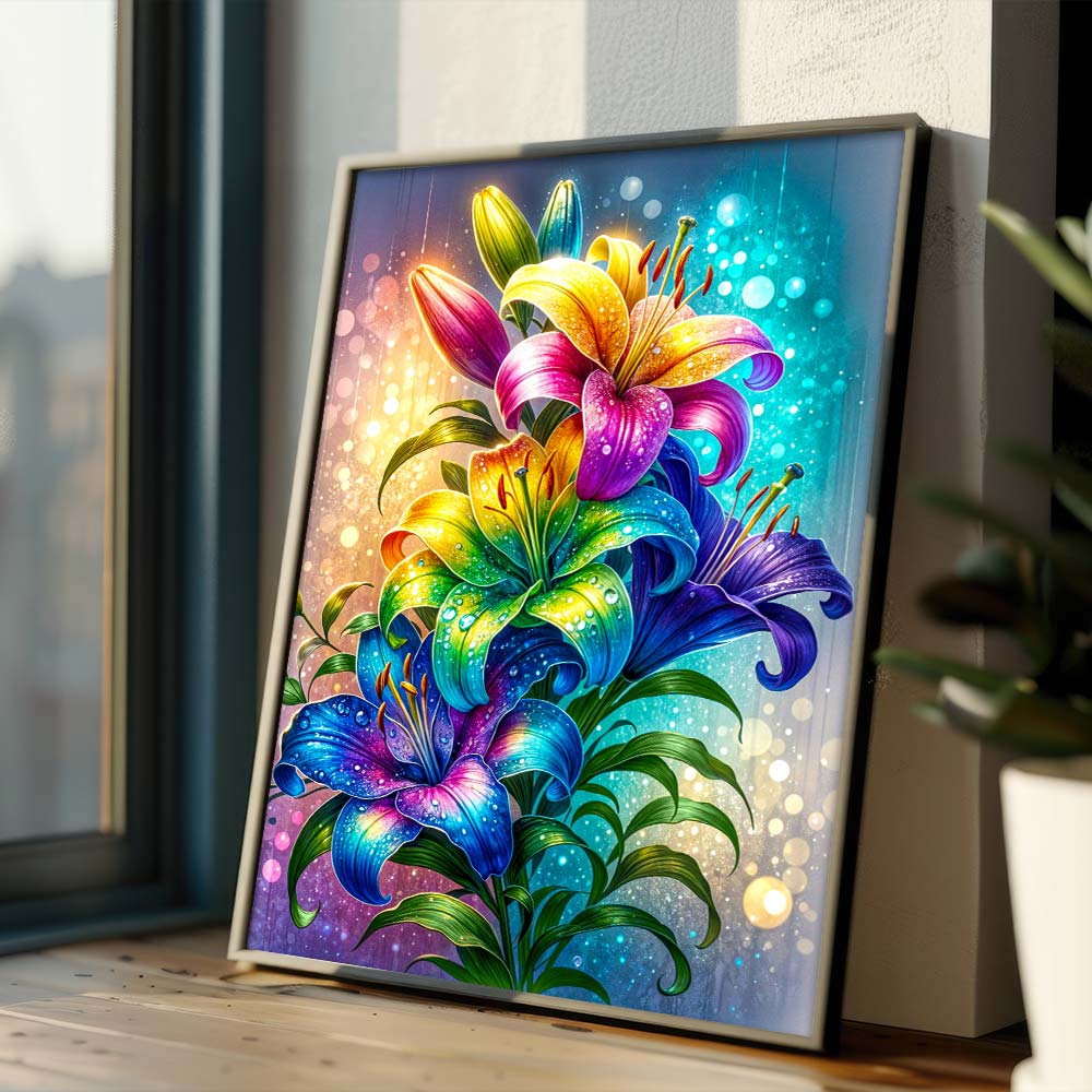 5D Diamond Painting – Regenbogenlilien im Lichtzauber, Unique-Diamond