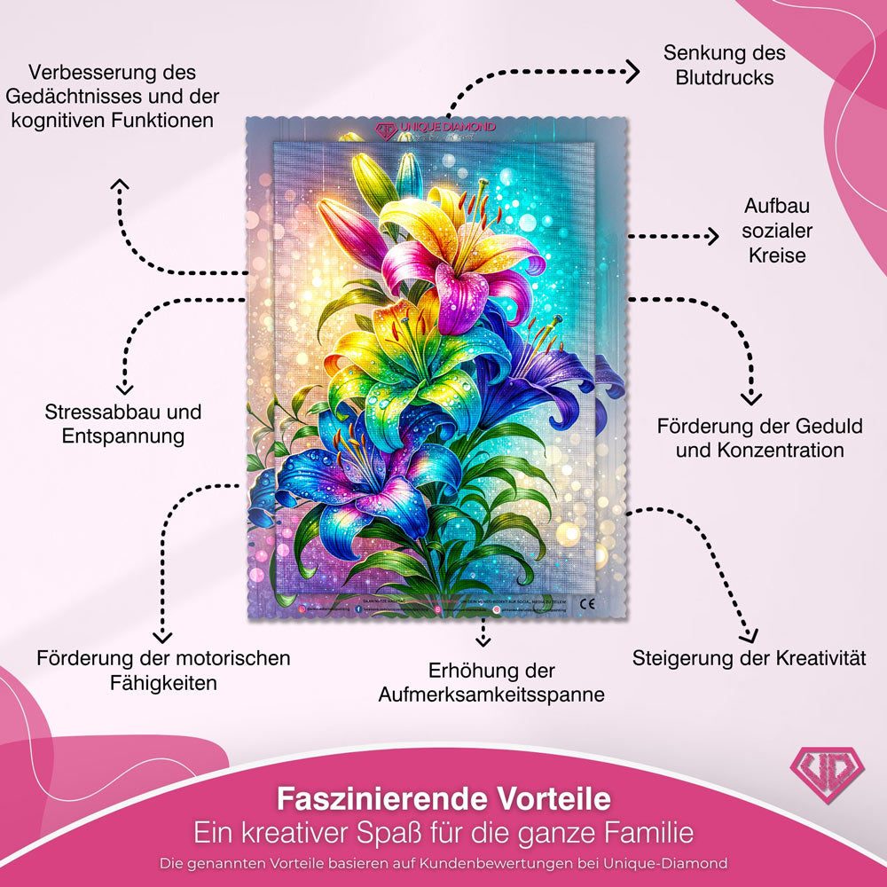5D Diamond Painting – Regenbogenlilien im Lichtzauber Unique-Diamond