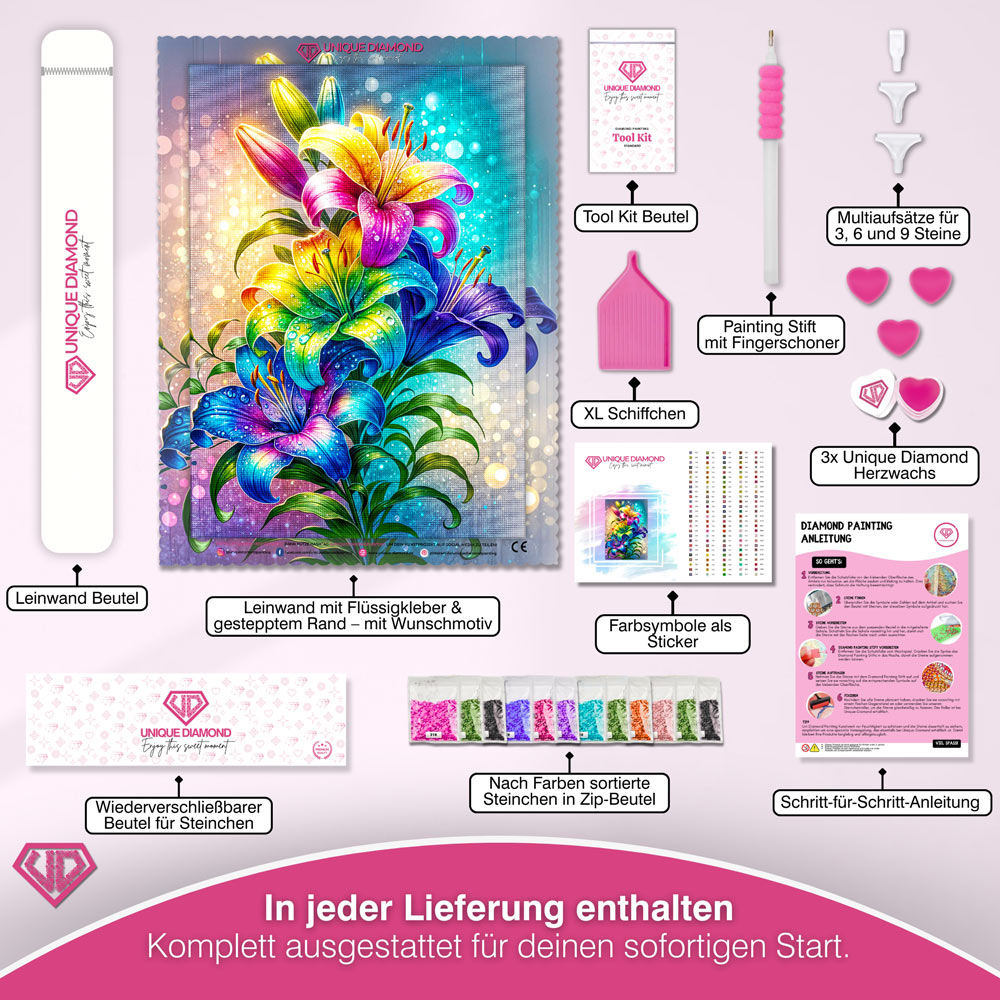 5D Diamond Painting – Regenbogenlilien im Lichtzauber Unique-Diamond