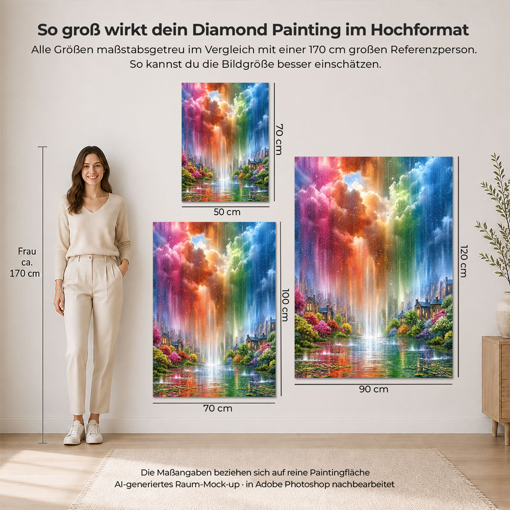 5D Diamond Painting – Regenbogenregen über der Traumstadt