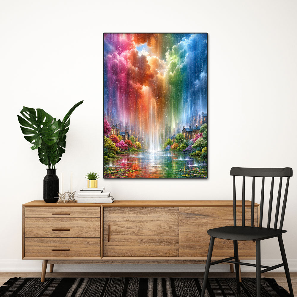 5D Diamond Painting – Regenbogenregen über der Traumstadt