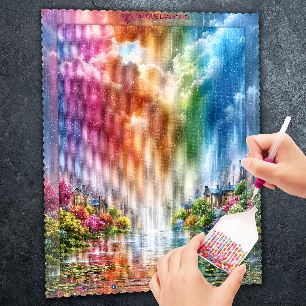 5D Diamond Painting – Regenbogenregen über der Traumstadt