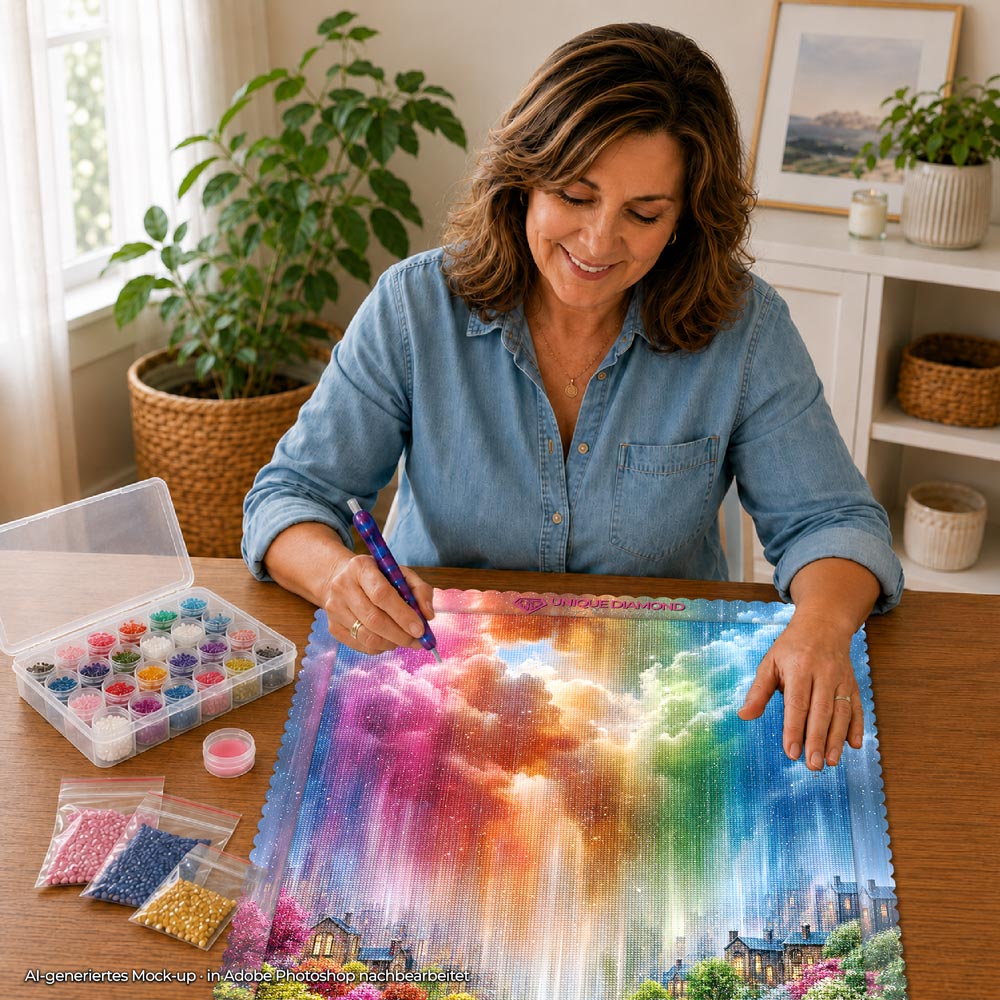 5D Diamond Painting – Regenbogenregen über der Traumstadt