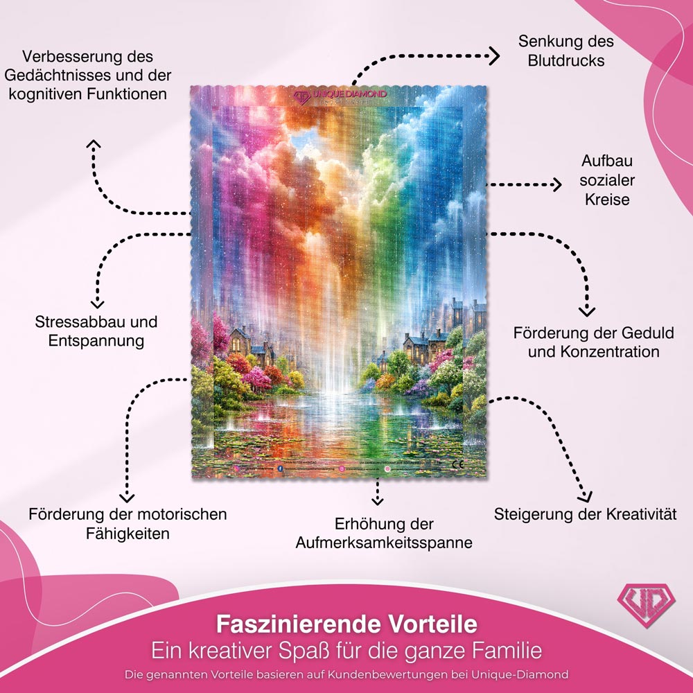5D Diamond Painting – Regenbogenregen über der Traumstadt