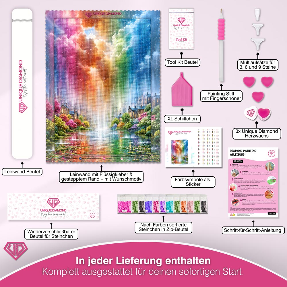 5D Diamond Painting – Regenbogenregen über der Traumstadt
