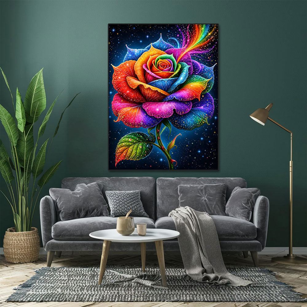 5D Diamond Painting – Regenbogenrose im Sternenfunkeln