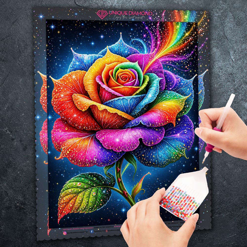 5D Diamond Painting – Regenbogenrose im Sternenfunkeln