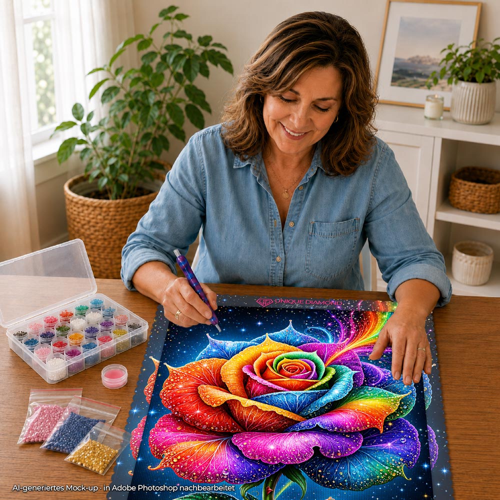 5D Diamond Painting – Regenbogenrose im Sternenfunkeln