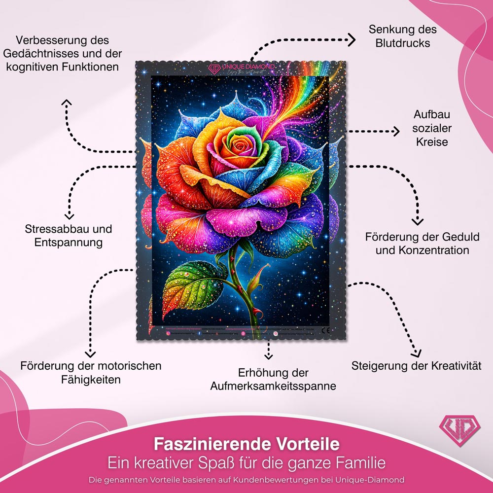 5D Diamond Painting – Regenbogenrose im Sternenfunkeln