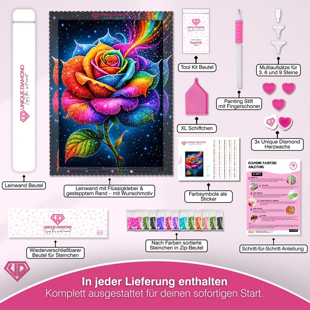 5D Diamond Painting – Regenbogenrose im Sternenfunkeln