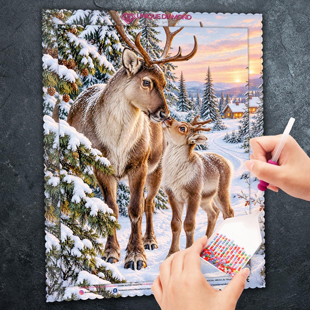 5D Diamond Painting – Rentierliebe im Winterwald