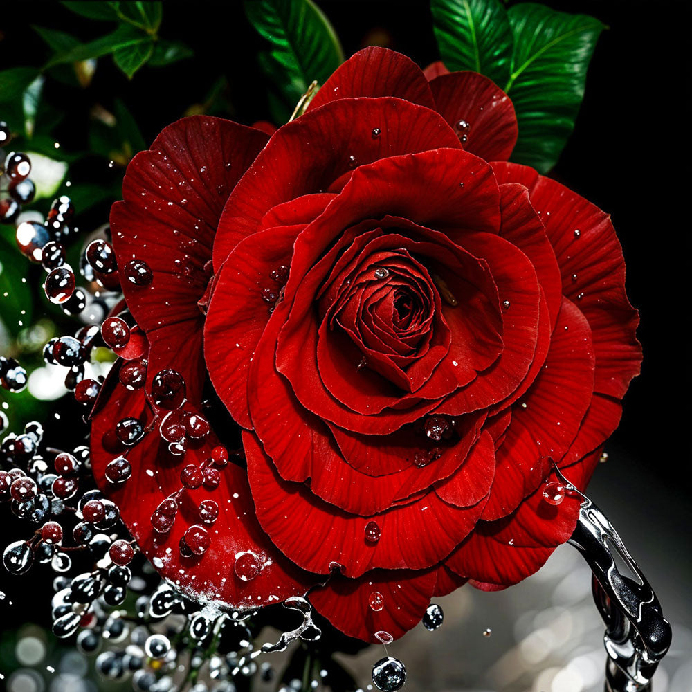 5D Diamond Painting – Rote Rose mit Wasserspritzer Unique-Diamond