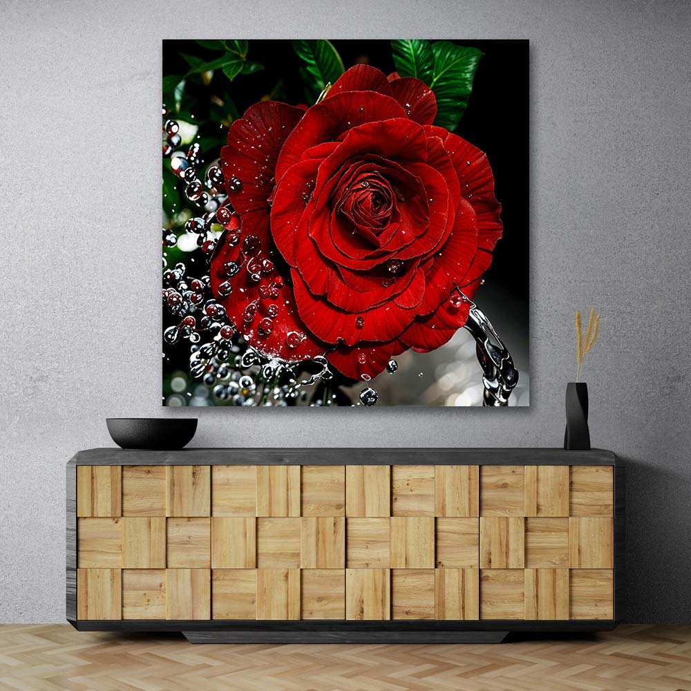 5D Diamond Painting – Rote Rose mit Wasserspritzer Unique-Diamond