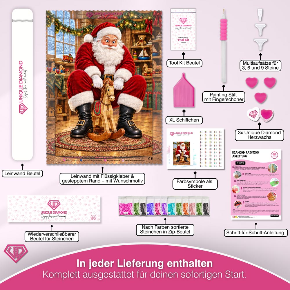 5D Diamond Painting – Santa auf Schaukelpferd-Proberitt