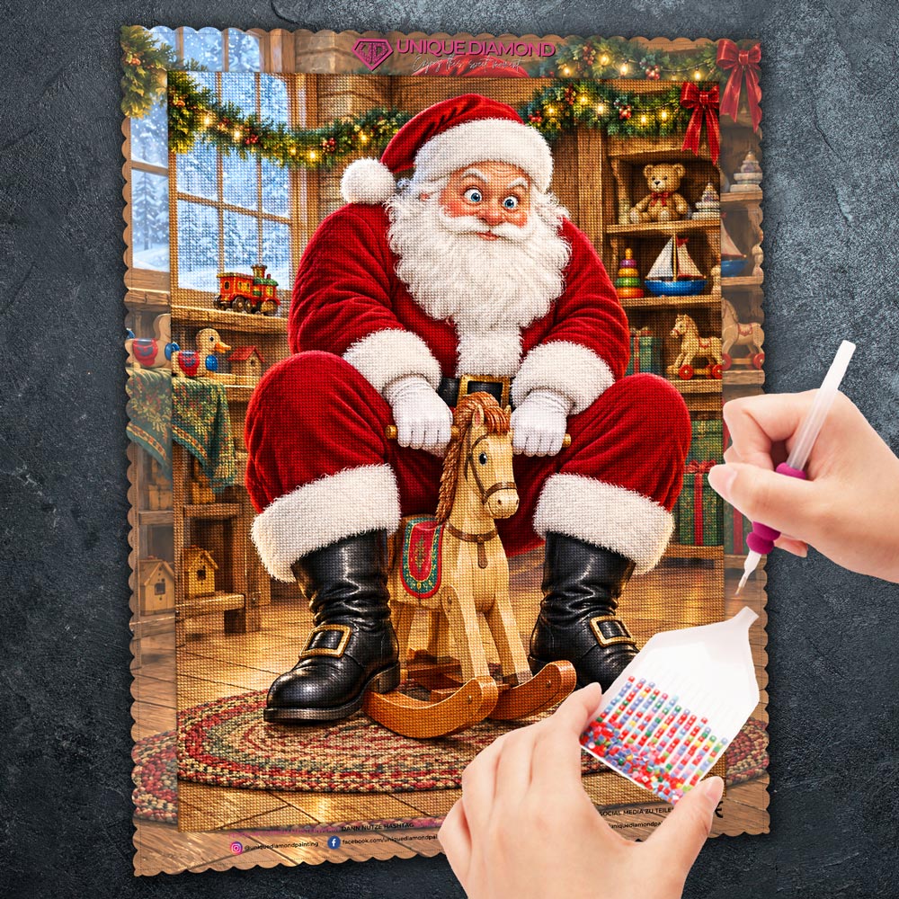 5D Diamond Painting – Santa auf Schaukelpferd-Proberitt