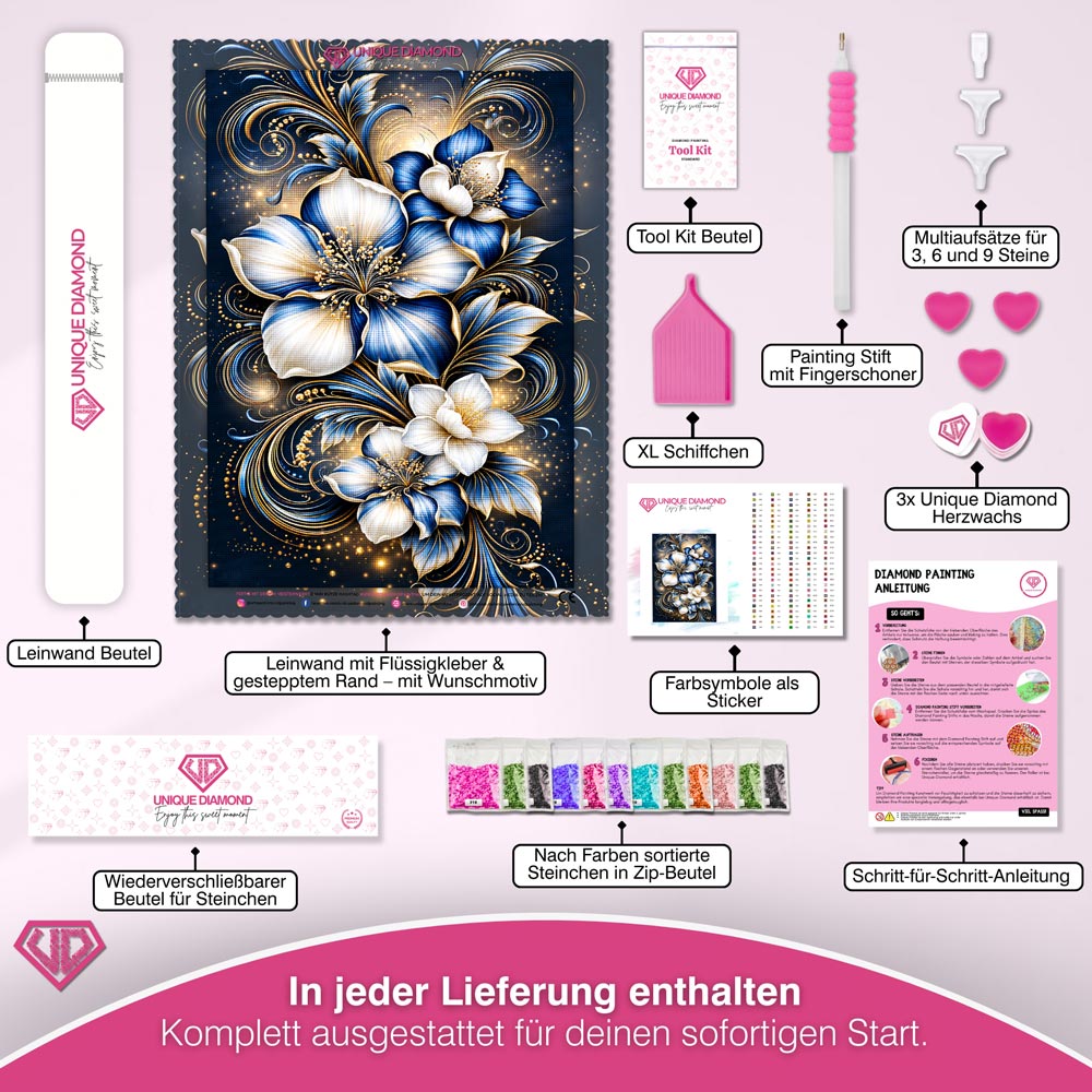 5D Diamond Painting – Saphirblüten im Goldenen Licht