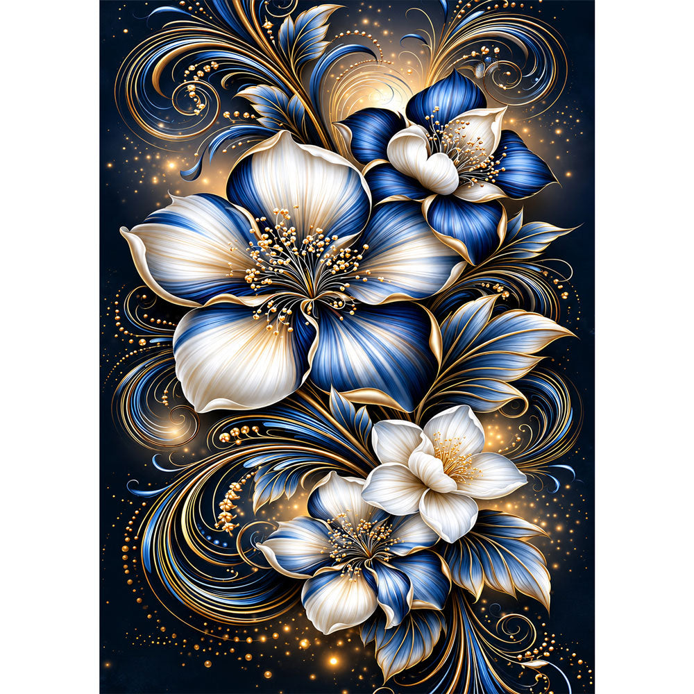 5D Diamond Painting – Saphirblüten im Goldenen Licht | Unique Diamond