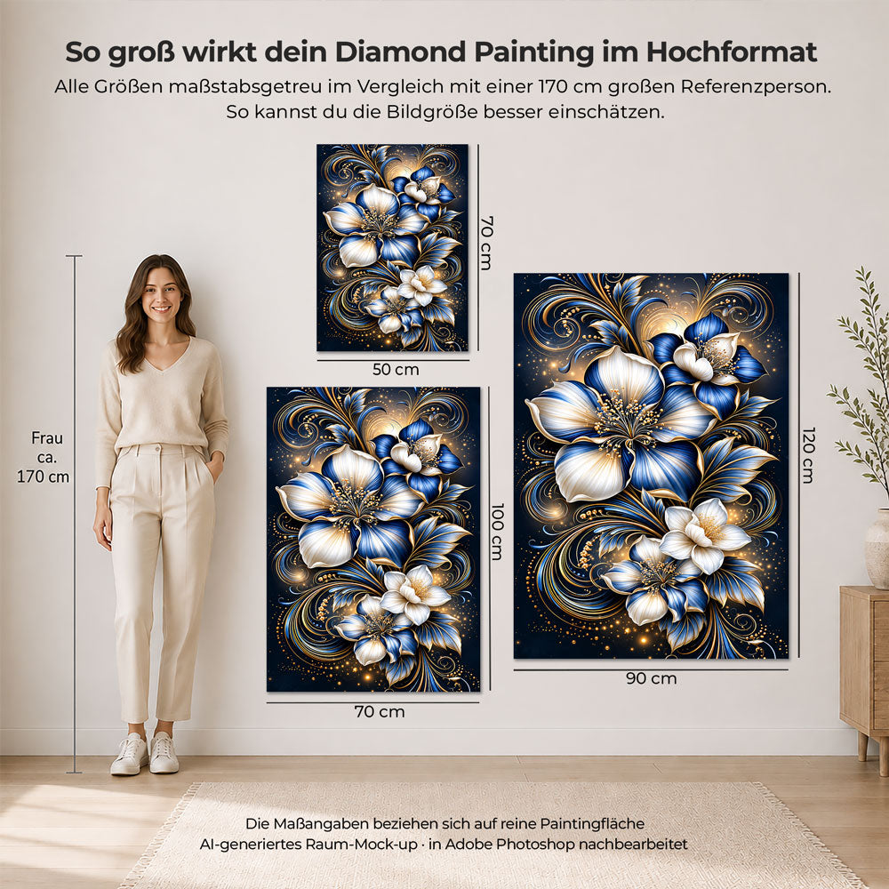 5D Diamond Painting – Saphirblüten im Goldenen Licht