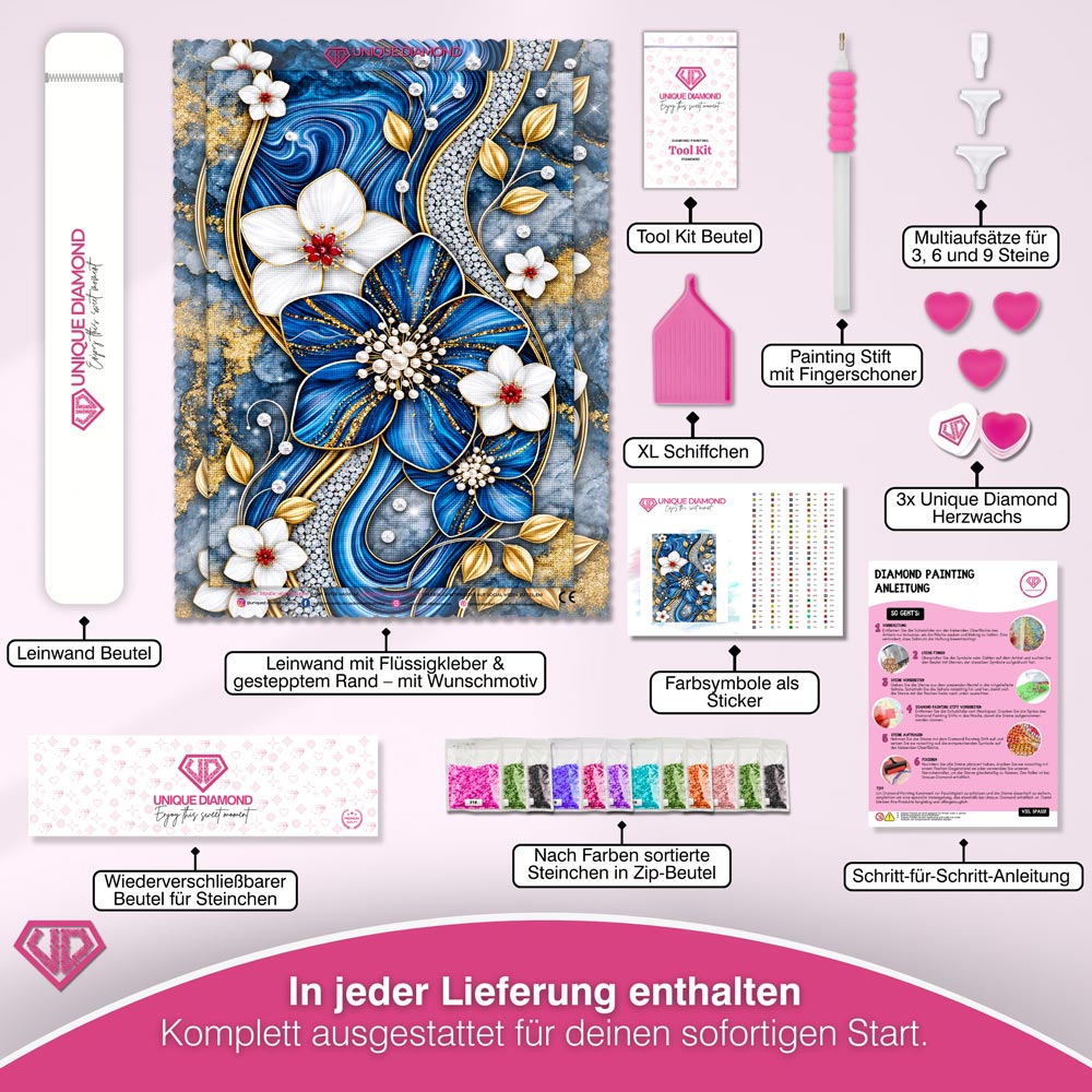 5D Diamond Painting – Saphirblüten im Goldglanz