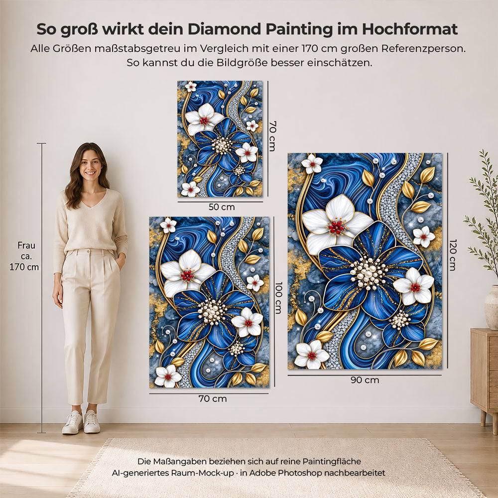 5D Diamond Painting – Saphirblüten im Goldglanz
