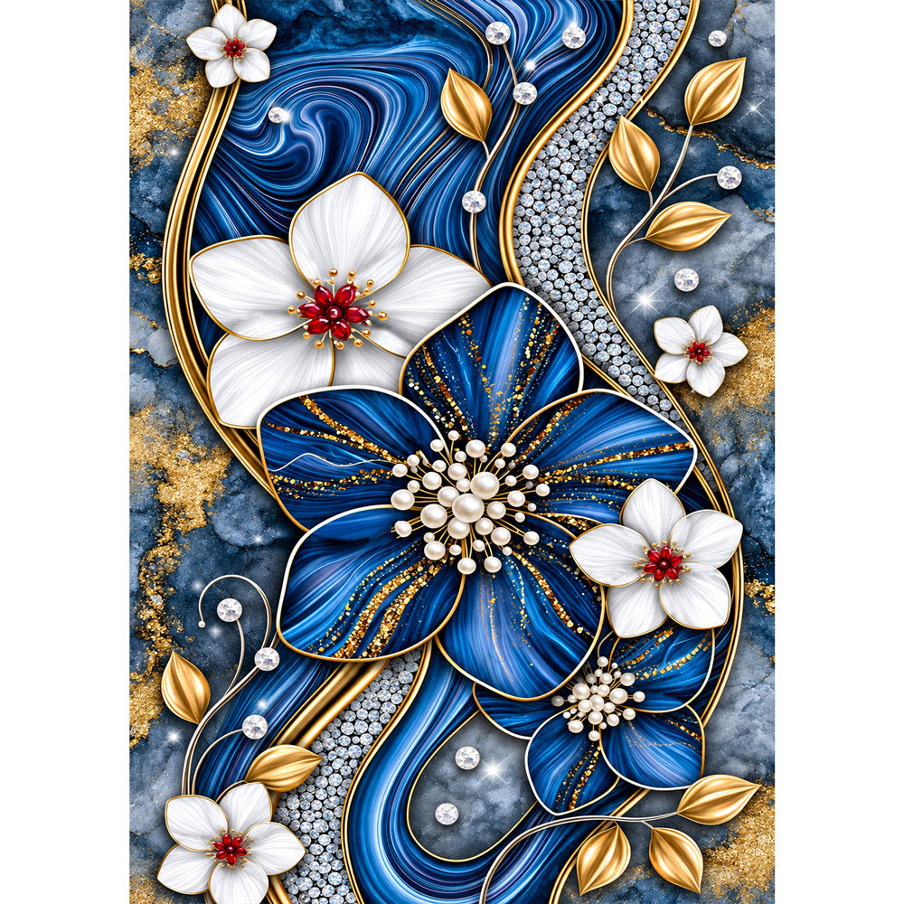 5D Diamond Painting – Saphirblüten im Goldglanz | Unique Diamond