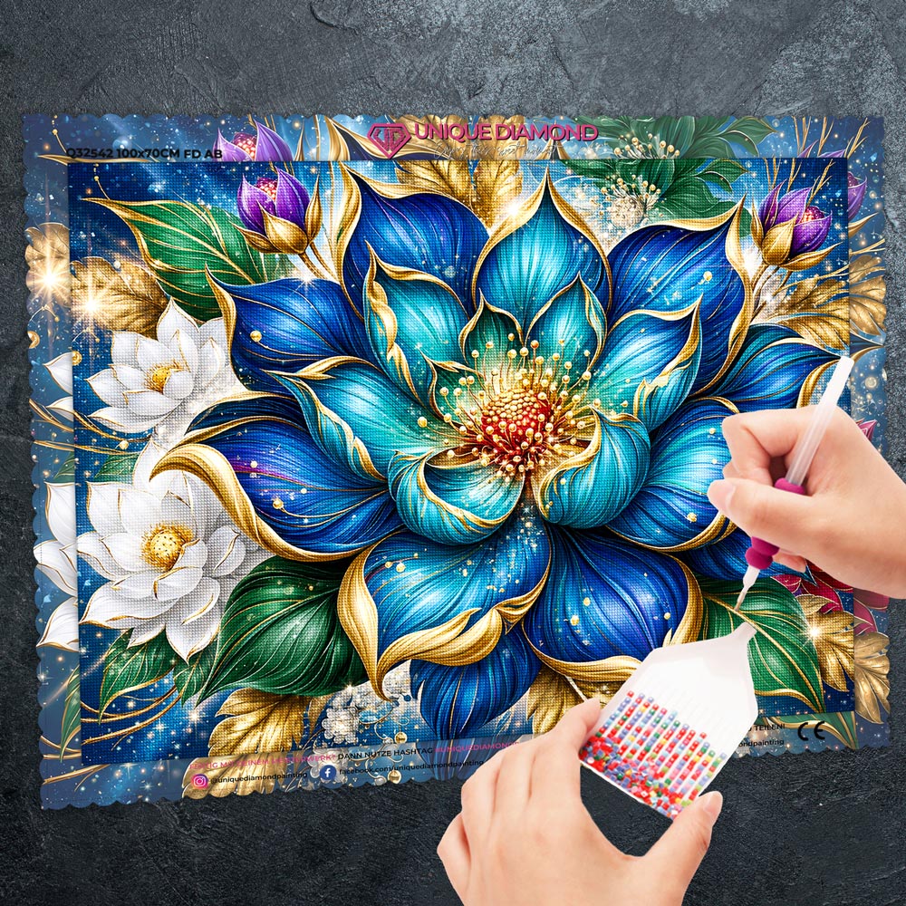 5D Diamond Painting – Sapphire & Gold Elegance