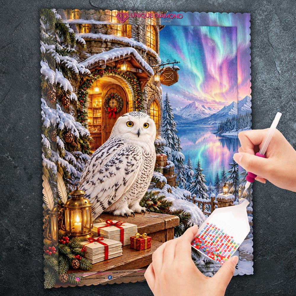 5D Diamond Painting – Schneeeulenpost im Nordlichtzauber