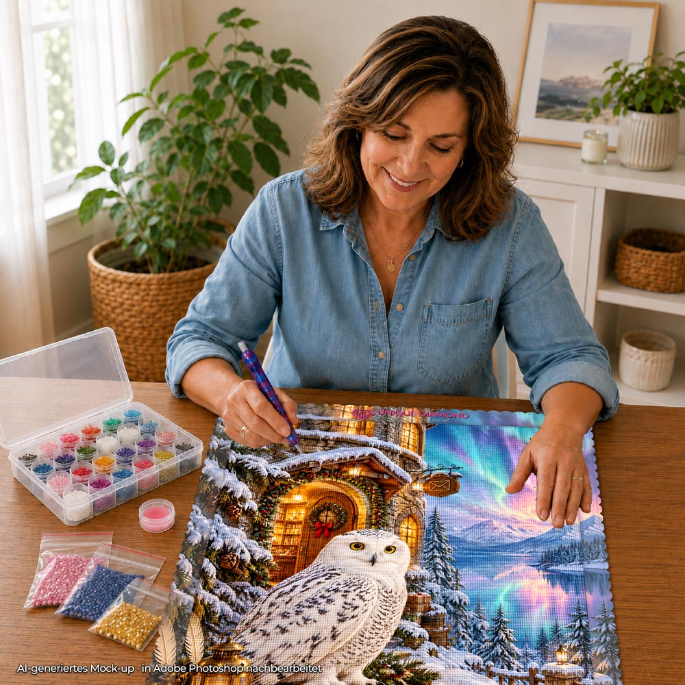 5D Diamond Painting – Schneeeulenpost im Nordlichtzauber