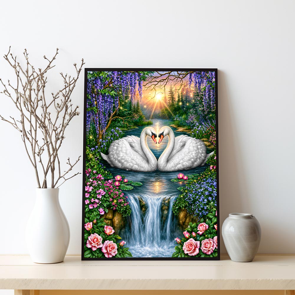 5D Diamond Painting – Schwanenliebe am Wasserfall