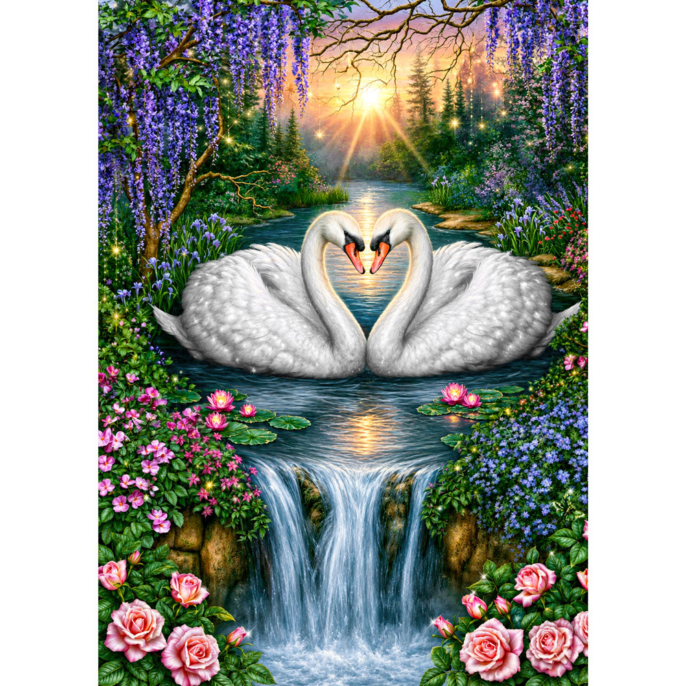 5D Diamond Painting – Schwanenliebe am Wasserfall | Unique Diamond