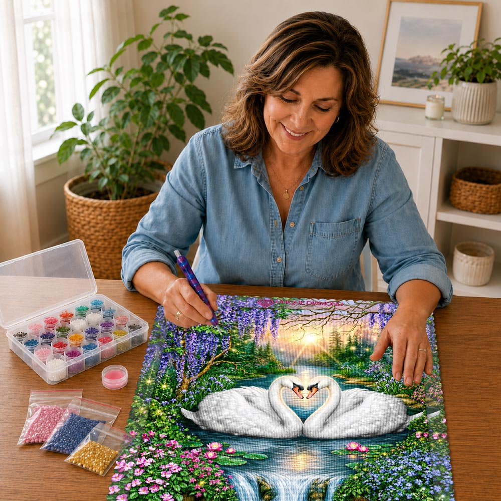 5D Diamond Painting – Schwanenliebe am Wasserfall