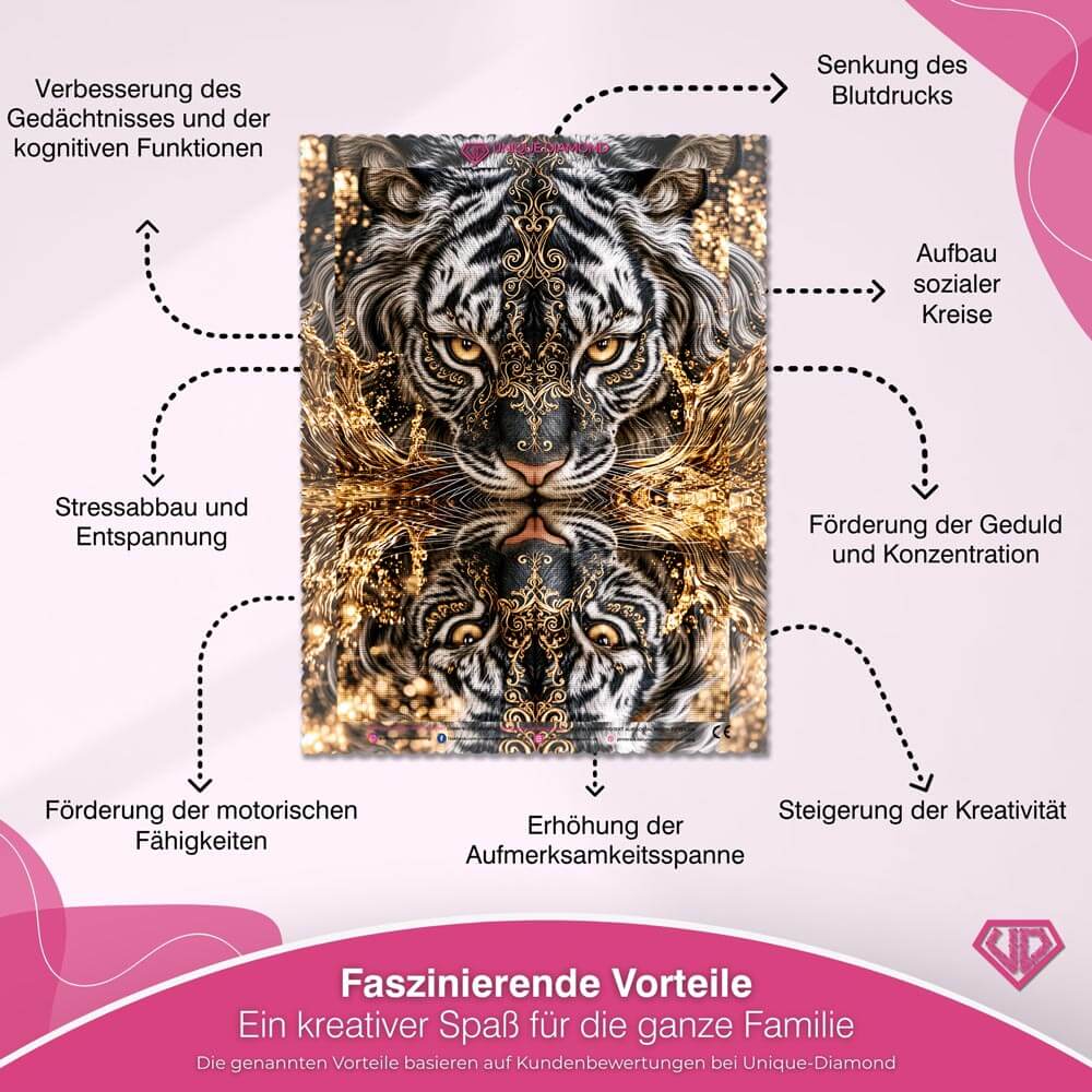 5D Diamond Painting – Silbertiger am Goldspiegel