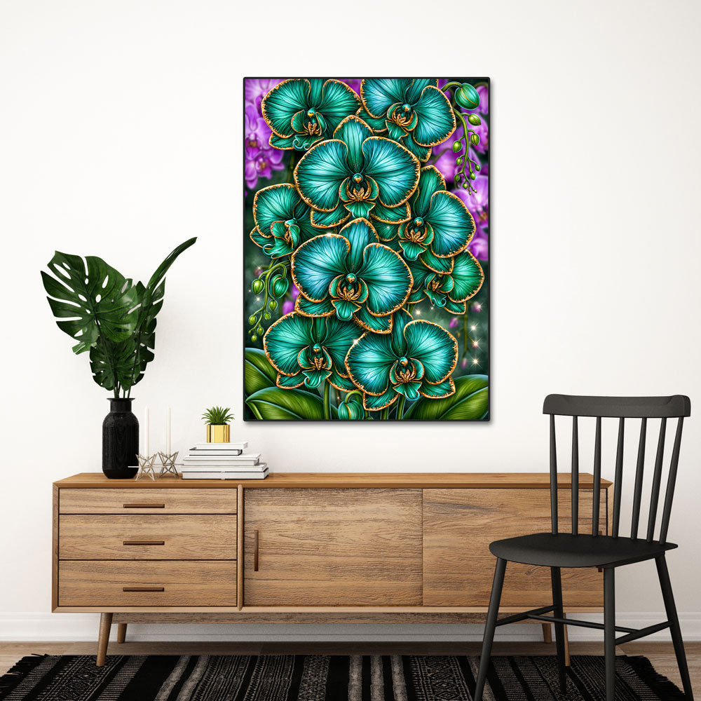 5D Diamond Painting – Smaragdorchideen im Goldglanz