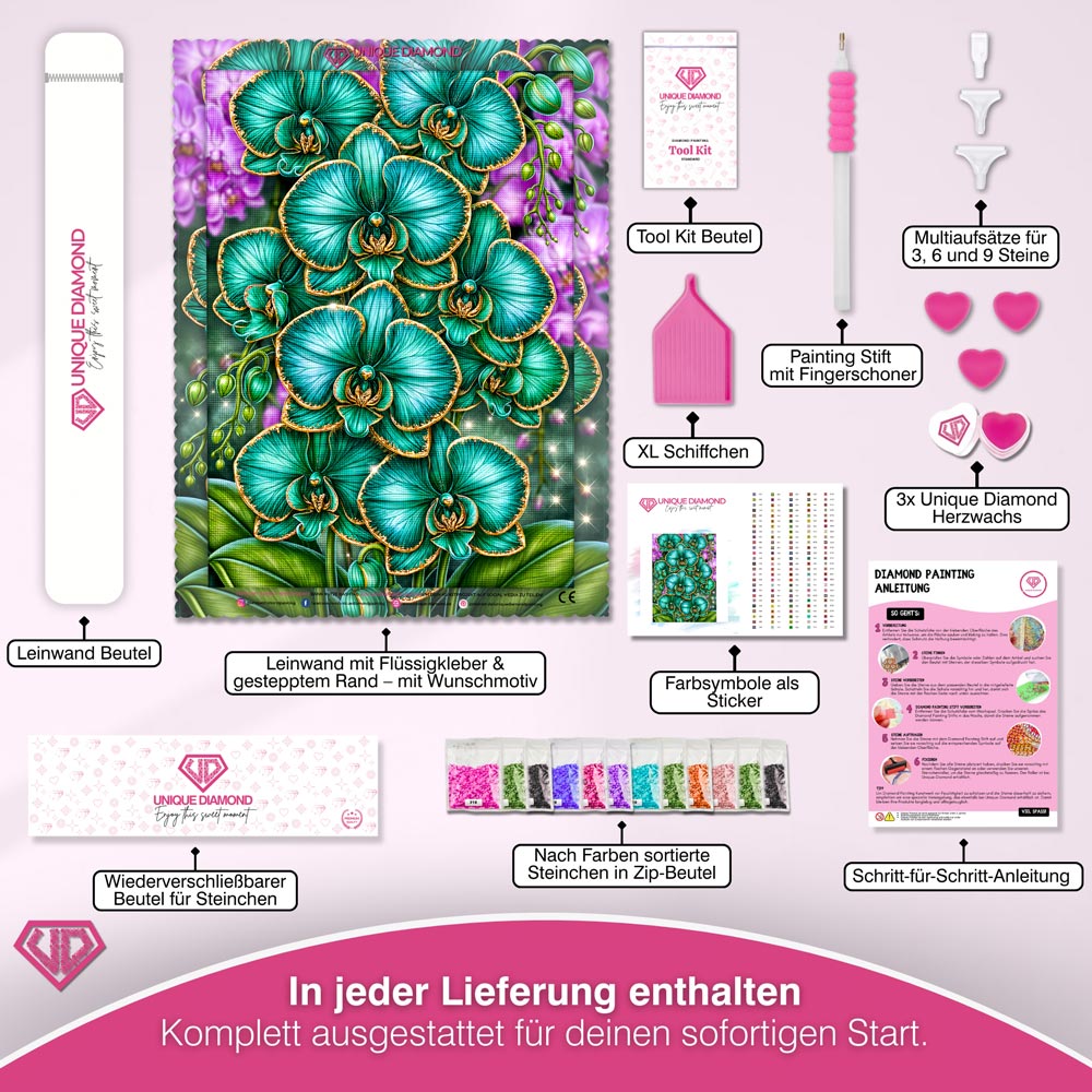 5D Diamond Painting – Smaragdorchideen im Goldglanz