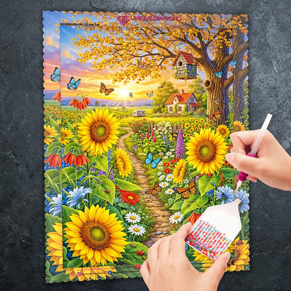 5D Diamond Painting – Sonnenblumentraum im Schmetterlingsgarten Unique-Diamond