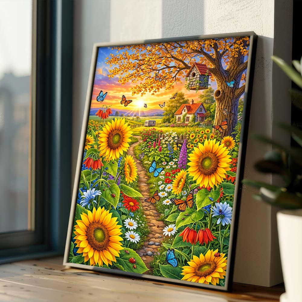 5D Diamond Painting – Sonnenblumentraum im Schmetterlingsgarten Unique-Diamond