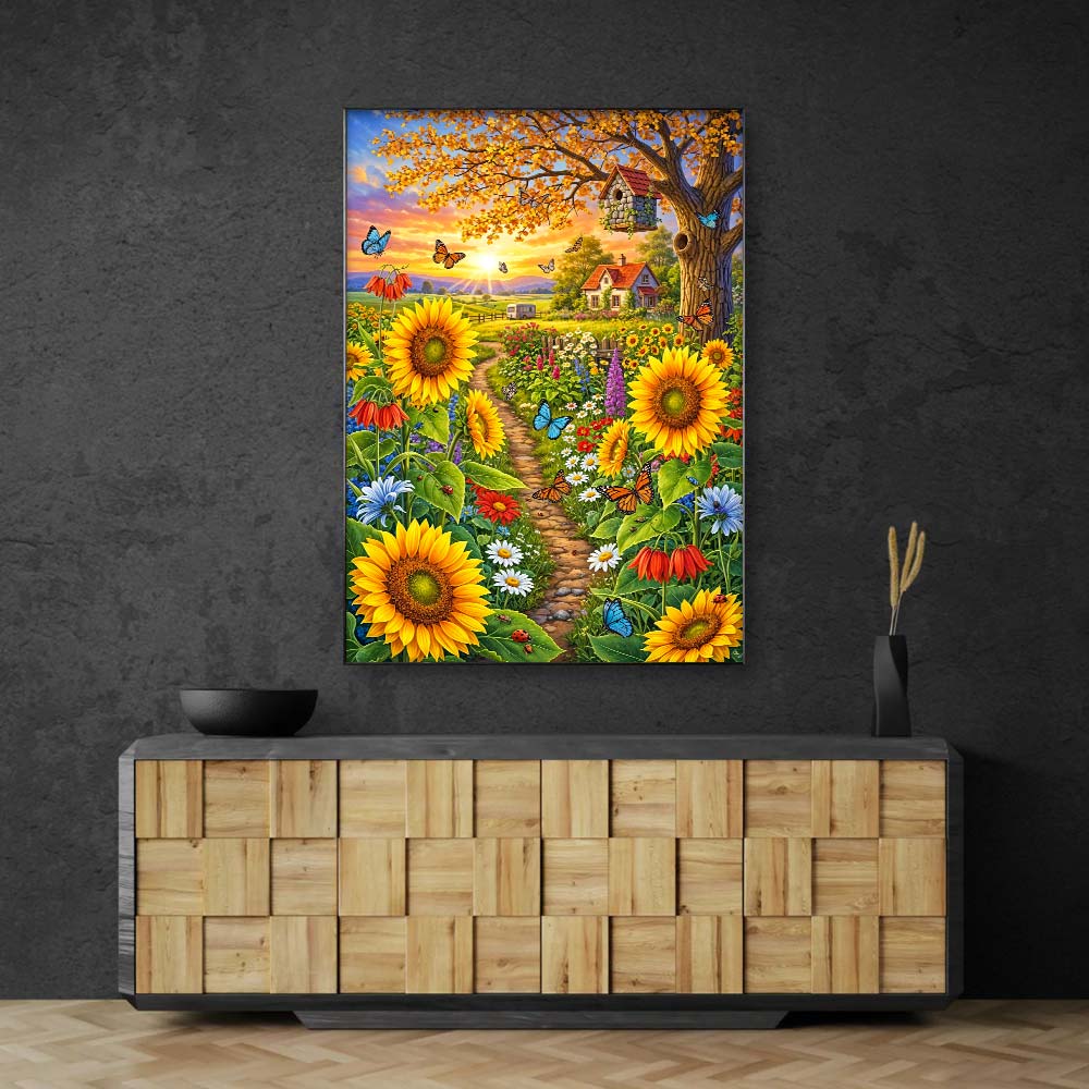 5D Diamond Painting – Sonnenblumentraum im Schmetterlingsgarten Unique-Diamond