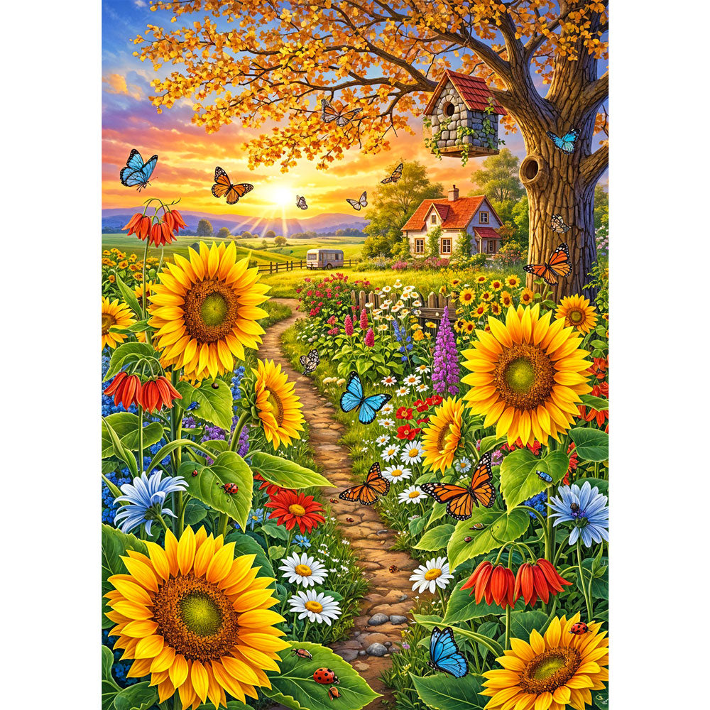 5D Diamond Painting – Sonnenblumentraum im Schmetterlingsgarten Unique-Diamond
