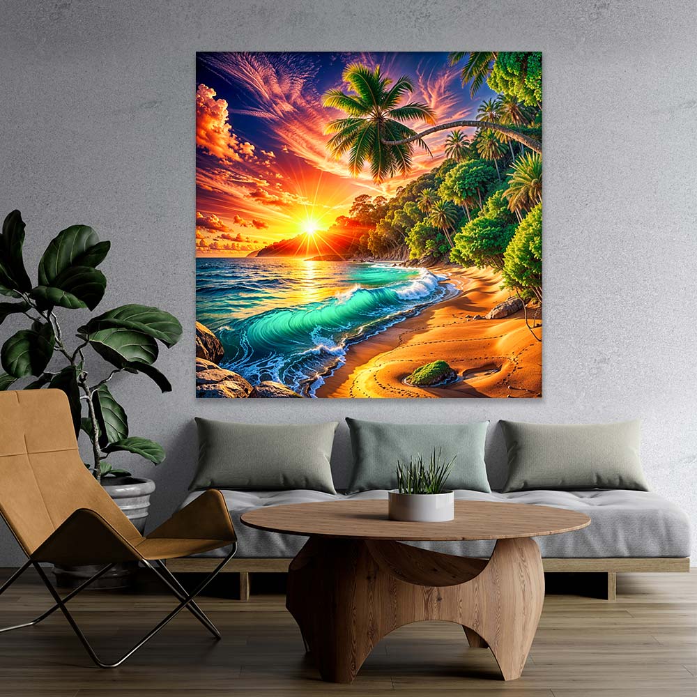 5D Diamond Painting – Sonnenkuss in Palmenbucht, Unique-Diamond
