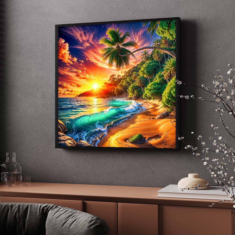 5D Diamond Painting – Sonnenkuss in Palmenbucht, Unique-Diamond