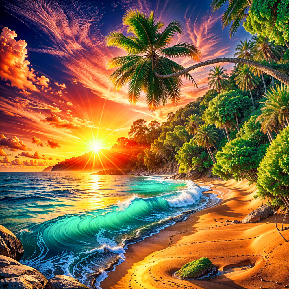 5D Diamond Painting – Sonnenkuss in Palmenbucht, Unique-Diamond