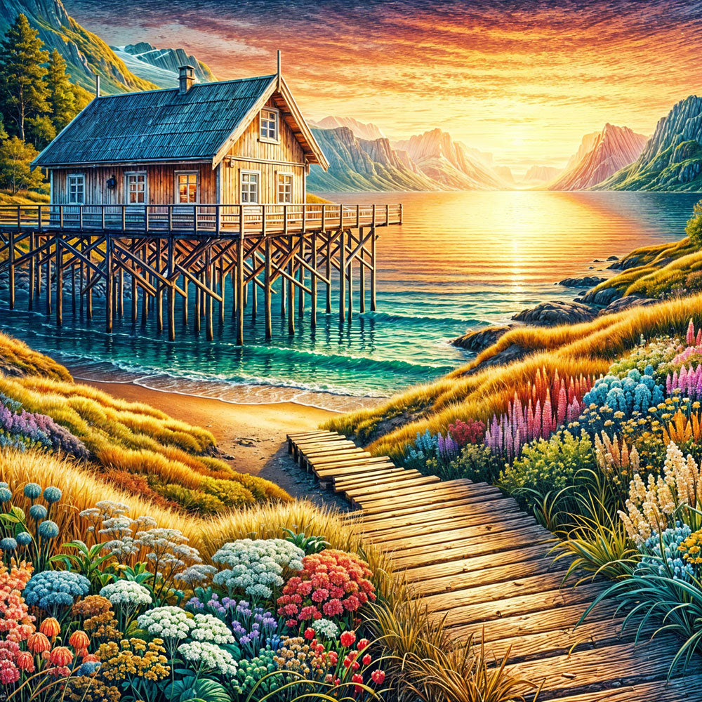 5D Diamond Painting – Sonnenpfad zur Fjordhütte Unique-Diamond