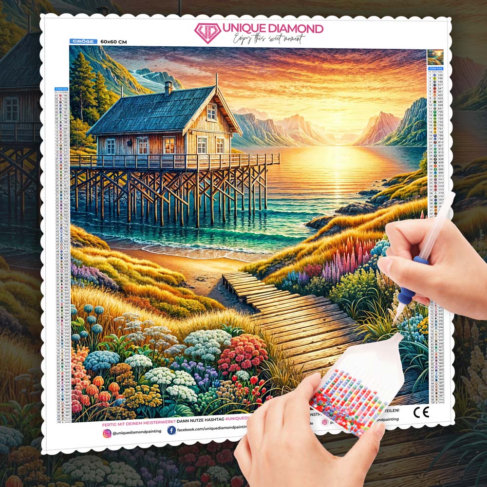 5D Diamond Painting – Sonnenpfad zur Fjordhütte Unique-Diamond