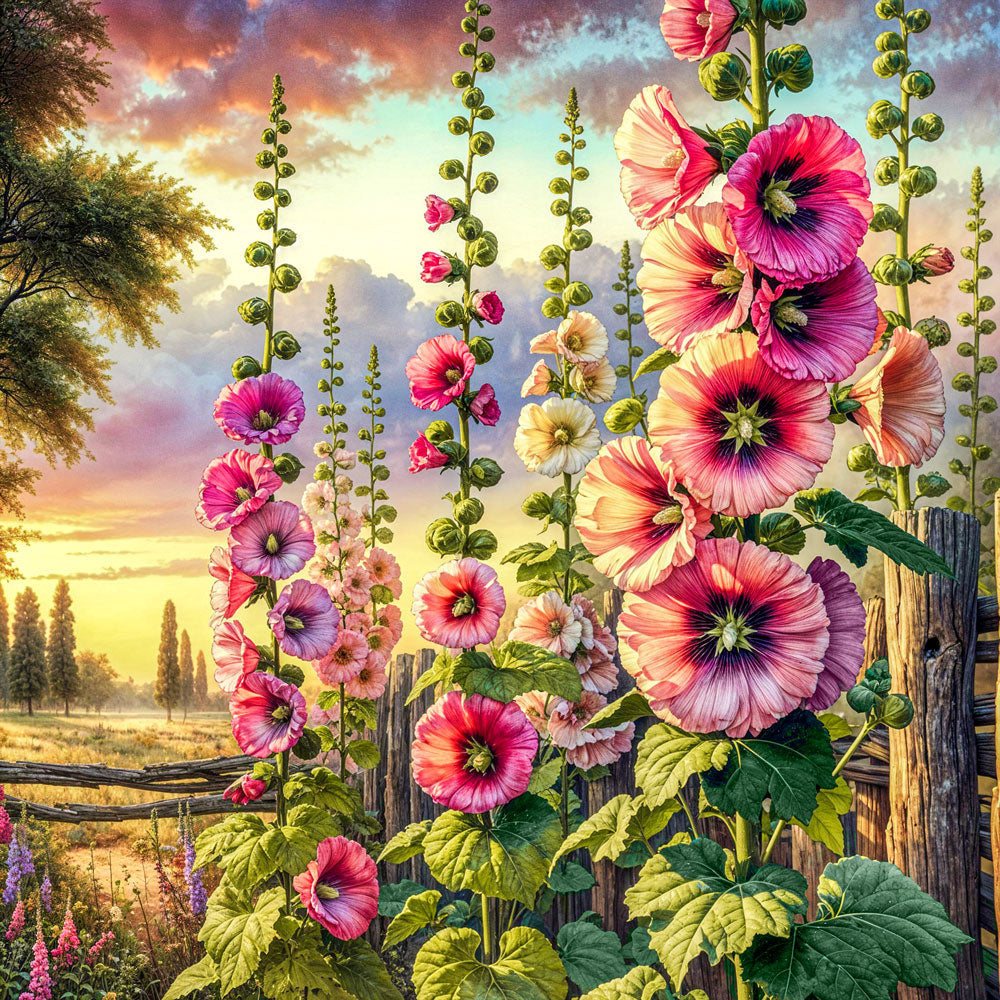 5D Diamond Painting – Stockrosen im Abendgold Unique-Diamond